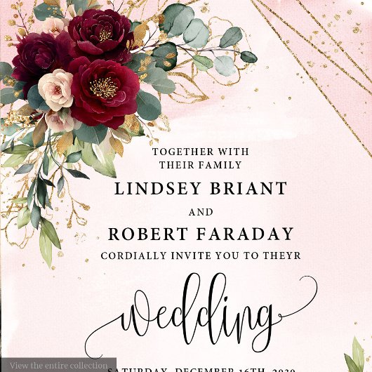 Elegante Bourgondische gouden Rozen Floral Wedding Kaart