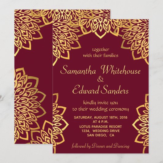 Elegante Bourgondische gouden rustieke bruiloft ui Kaart (Voorkant / Achterkant)