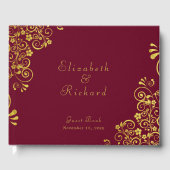 Elegante Bourgondische Gouden Swirls Script Bruilo Gastenboek (Voorkant)