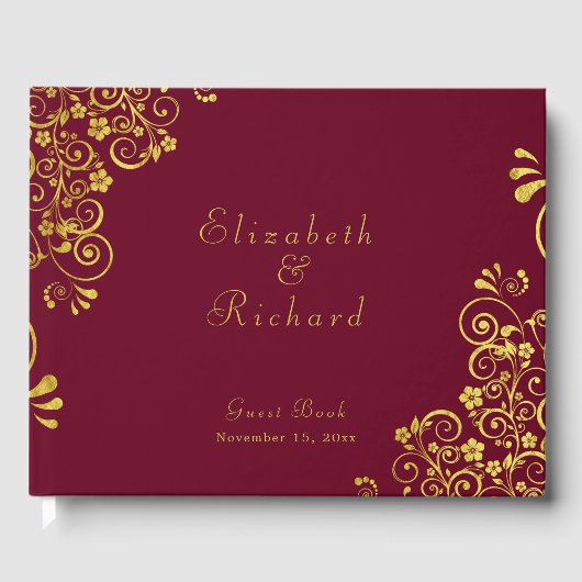 Elegante Bourgondische Gouden Swirls Script Bruilo Gastenboek (Voorkant)