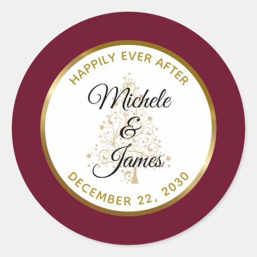 Elegante Bourgondische gouden winter vakantie brui Ronde Sticker (Voorkant)