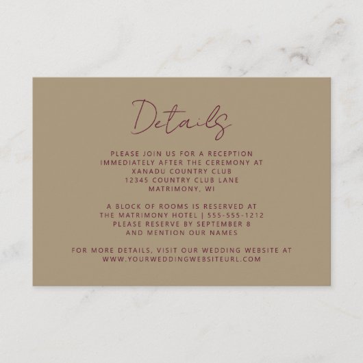 Elegante Bourgondische handschrift gouden bruiloft Informatiekaartje (Voorkant)