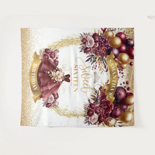 Elegante Bourgondische jurk Sweet Sixteen Backdrop Wandkleed (Voorkant (horizontaal))