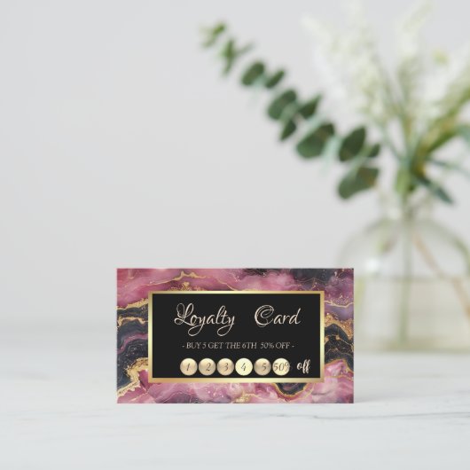 Elegante Bourgondische Marble Gold Sequins Lijst Klantenkaartje (Staand voorkant)