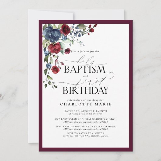 Elegante Bourgondische marine bloemendoop 1e verja Kaart (Voorkant)