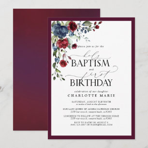 Elegante Bourgondische marine bloemendoop 1e verja Kaart