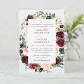 Elegante Bourgondische marine bruiloft uitnodiging (Staand voorkant)