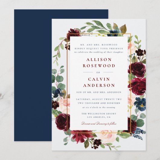 Elegante Bourgondische marine bruiloft uitnodiging (Voorkant / Achterkant)