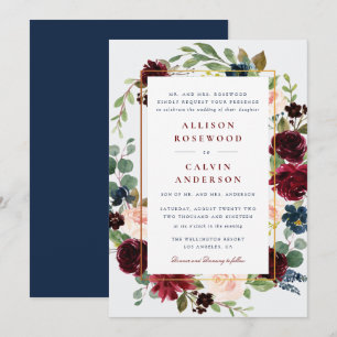 Elegante Bourgondische marine bruiloft uitnodiging