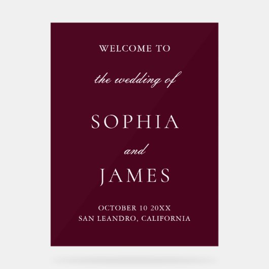 Elegante Bourgondische minimalistische bruiloft Acryl Bord (Voorkant)