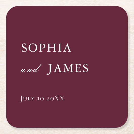 Elegante Bourgondische minimalistische bruiloft Kartonnen Onderzetters (Voorkant)
