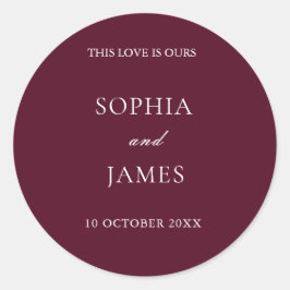 Elegante Bourgondische minimalistische bruiloft Ronde Sticker
