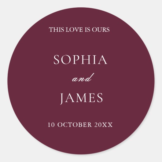 Elegante Bourgondische minimalistische bruiloft Ronde Sticker (Voorkant)
