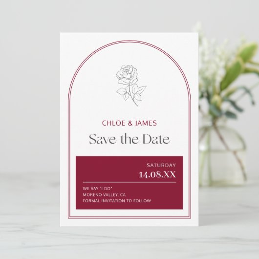Elegante Bourgondische moderne boog Romantische ro Save The Date (Staand voorkant)