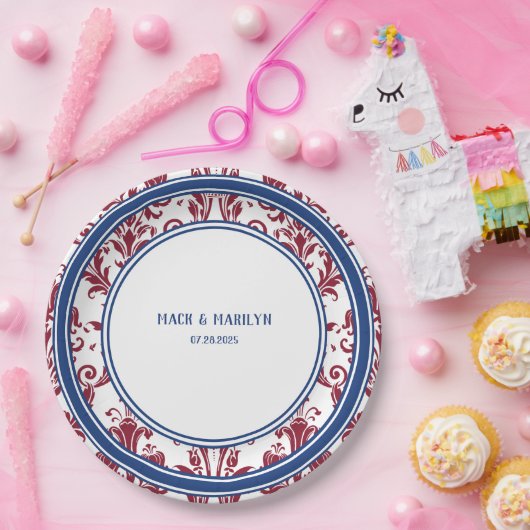 Elegante Bourgondische Navy Bloemen Damask Trouwdi Papieren Bordje (Feest)