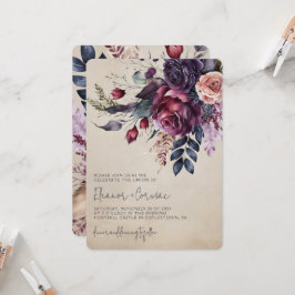 Elegante Bourgondische Navy Bloemen Waterverf Brui Kaart