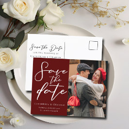 Elegante Bourgondische paar foto Bewaar de foto Aankondigingskaart