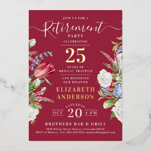 Elegante Bourgondische Pensioen Bloemen Folie Uitn Folie Uitnodiging (Voorkant)