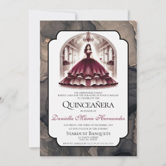 Elegante Bourgondische Quinceañera Kaart (Voorkant)