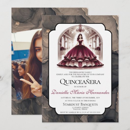 Elegante Bourgondische Quinceañera Kaart (Voorkant / Achterkant)