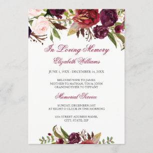 Elegante Bourgondische Rode Bloemen Memorial Servi Kaart