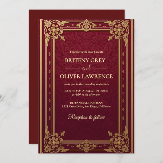 Elegante  Bourgondische rode en gouden bruiloft Kaart (Voorkant / Achterkant)