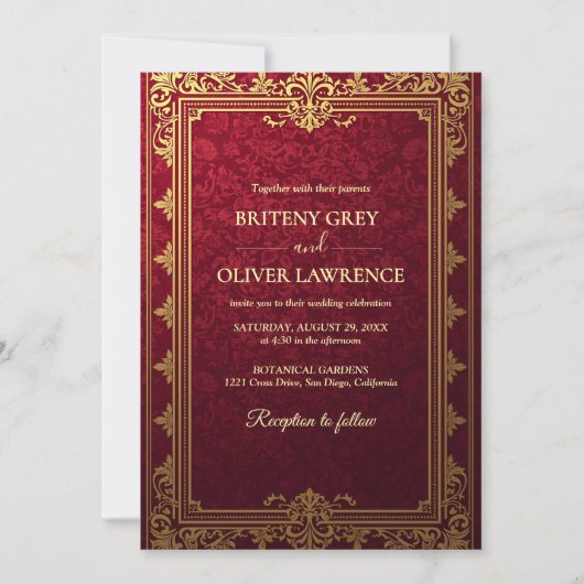 Elegante  Bourgondische rode en gouden bruiloft Kaart (Voorkant)