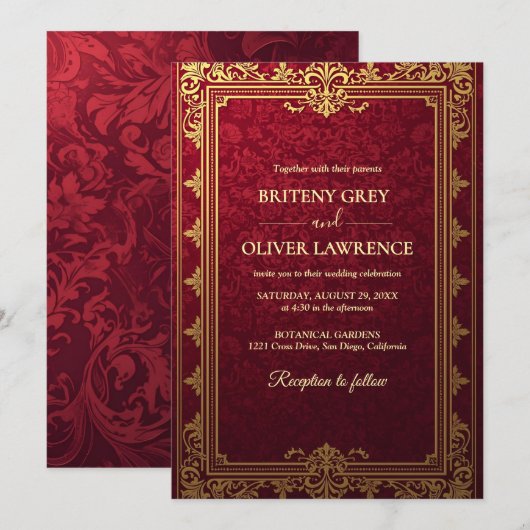 Elegante  Bourgondische rode en gouden bruiloft Kaart (Voorkant / Achterkant)