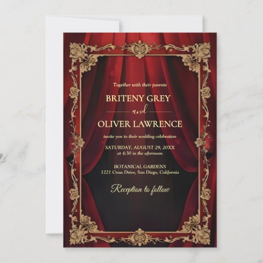 Elegante  Bourgondische rode en gouden bruiloft Kaart (Voorkant)