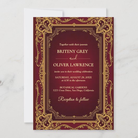 Elegante  Bourgondische rode en gouden bruiloft Kaart (Voorkant)