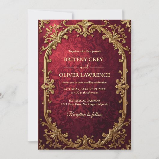 Elegante  Bourgondische rode en gouden bruiloft Kaart (Voorkant)