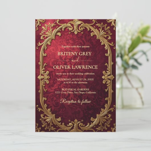 Elegante  Bourgondische rode en gouden bruiloft Kaart (Staand voorkant)