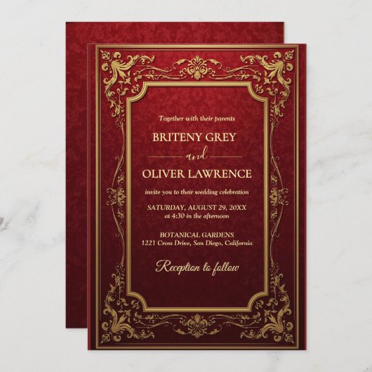 Elegante  Bourgondische rode en gouden bruiloft Kaart (Voorkant / Achterkant)