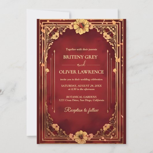 Elegante Bourgondische rode en gouden bruiloft Kaart (Voorkant)
