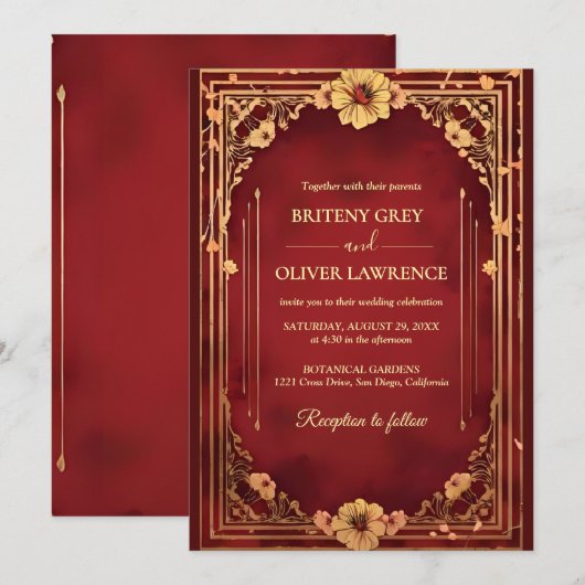 Elegante  Bourgondische rode en gouden bruiloft Kaart (Voorkant / Achterkant)