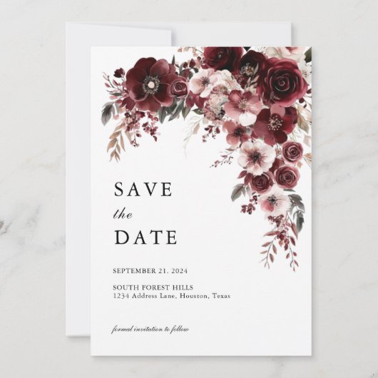 Elegante Bourgondische rode roos bloemenbruiloft Save The Date (Achterkant)
