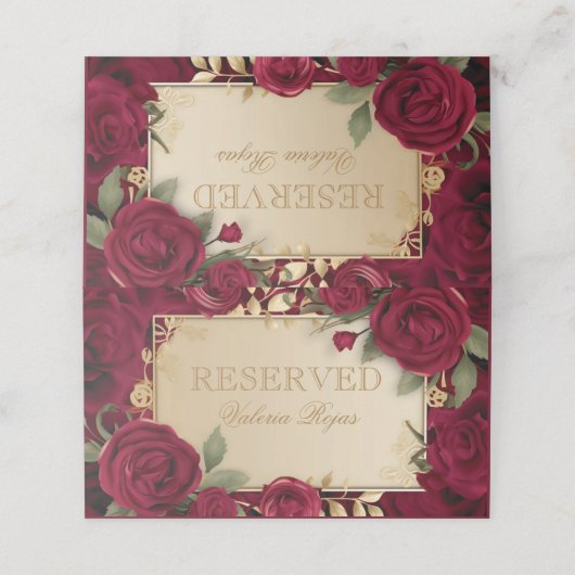 Elegante Bourgondische rode roos en gouden bruilof Plaatskaartje (Buitenkant ongevouwen)
