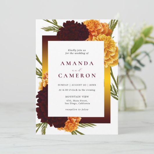 Elegante Bourgondische rode Waterverf "MARIGOLD" b Kaart (Staand voorkant)