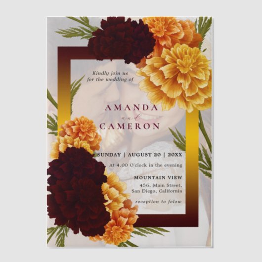 Elegante Bourgondische rode Waterverf "MARIGOLD" b Vellum Uitnodigingen (Voorkant)