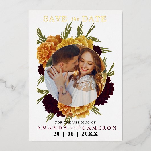 Elegante Bourgondische rode Waterverf "MARIGOLD" F Folie Uitnodiging (Voorkant)