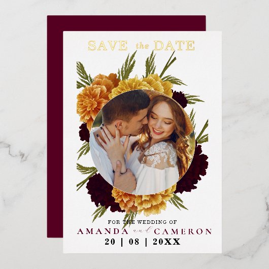 Elegante Bourgondische rode Waterverf "MARIGOLD" F Folie Uitnodiging (Voorkant / Achterkant)