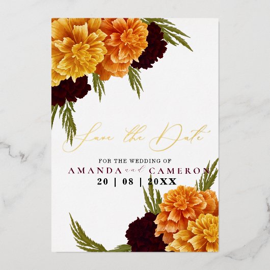 Elegante Bourgondische rode Waterverf "MARIGOLD" F Folie Uitnodiging (Voorkant)