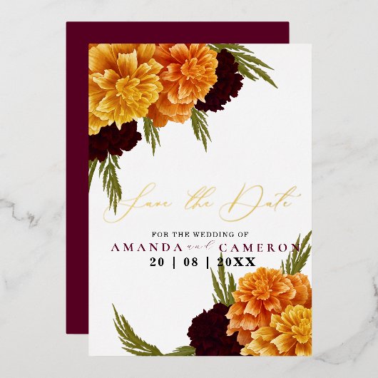 Elegante Bourgondische rode Waterverf "MARIGOLD" F Folie Uitnodiging (Voorkant / Achterkant)