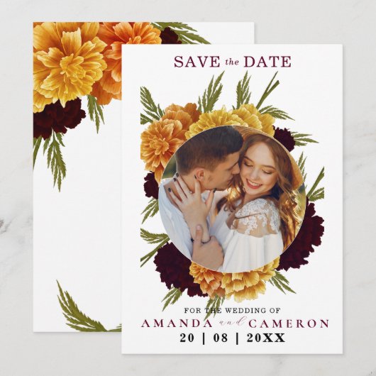 Elegante Bourgondische rode Waterverf "MARIGOLD" F Save The Date (Voorkant / Achterkant)