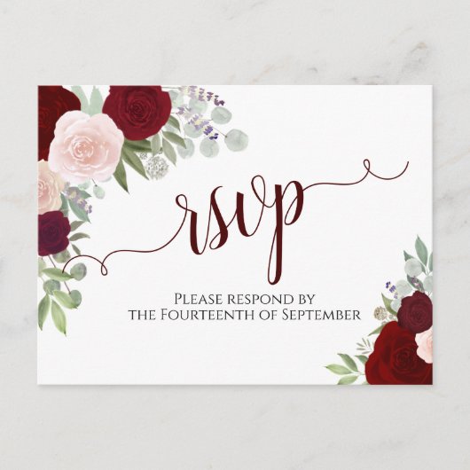 Elegante Bourgondische Rode Waterverf Rozen Bruilo Briefkaart (Voorkant)