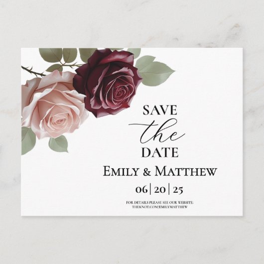 Elegante Bourgondische Roos bruiloft save the date Aankondigingskaart (Voorkant)