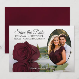 Elegante Bourgondische Roos met Ovale Foto Bruilof Save The Date