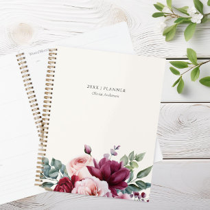 Elegante Bourgondische roze bloem gepersonaliseerd Planner