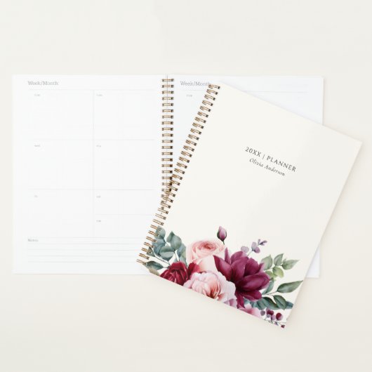 Elegante Bourgondische roze bloem gepersonaliseerd Planner (Display)