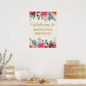 Elegante Bourgondische Roze Bloemen Verjaardag Wel Poster (Keuken)